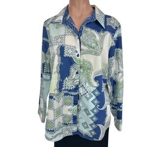 Chico's No Iron Blouse Sz 2 /L Blue & White Long Sleeve Front Buttons Cotton